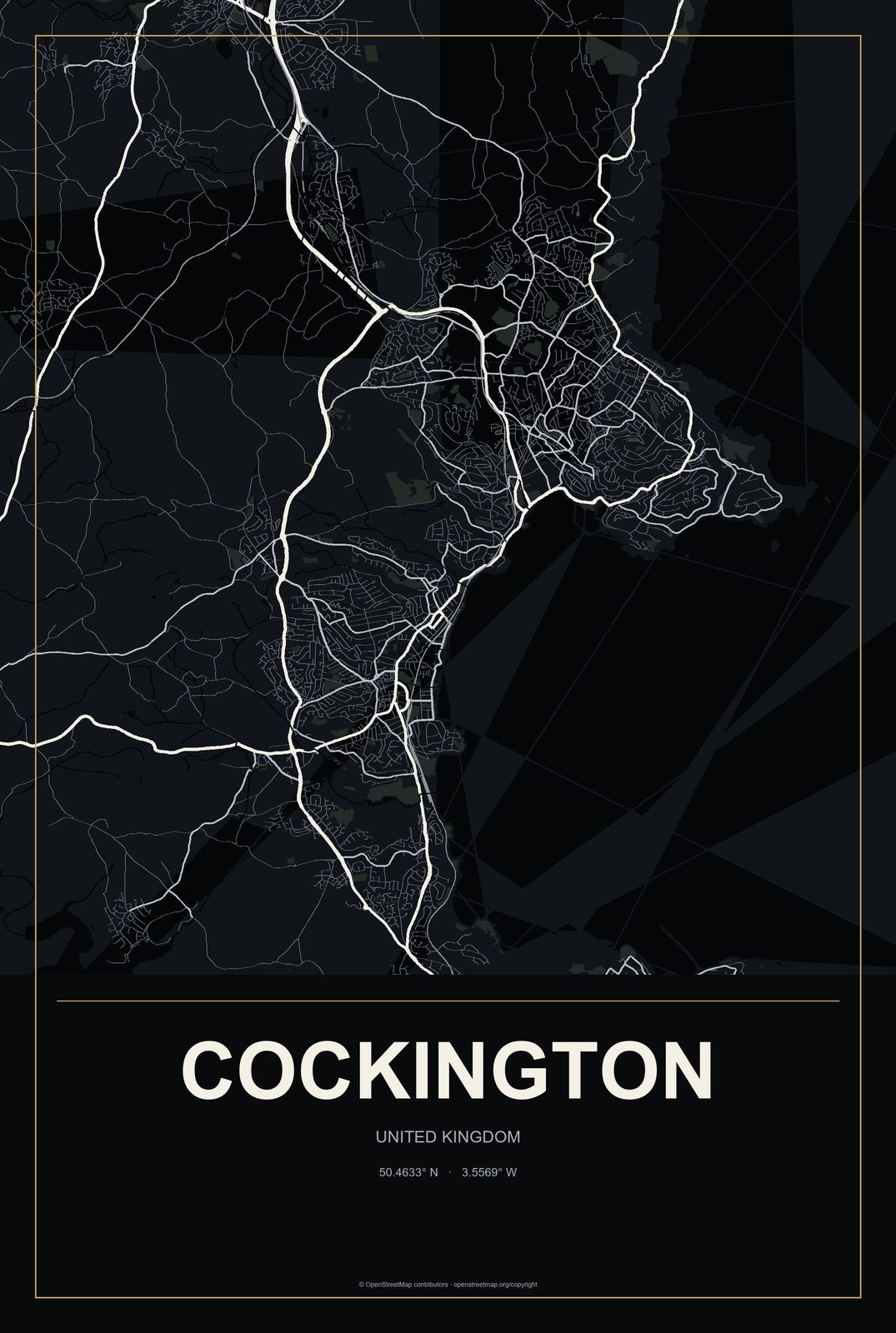 Cockington, United Kingdom City Map Aluminum Sign in Metropolitan Noir style