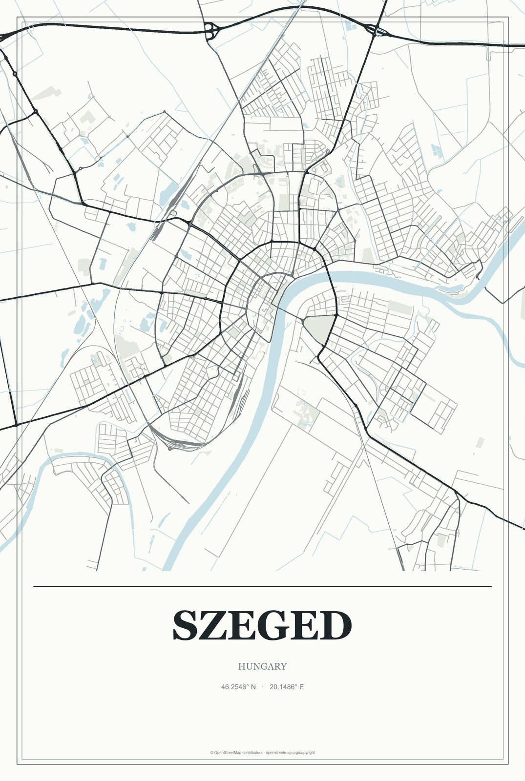 Szeged, Hungary City Map Aluminum Sign in Gallery Air style