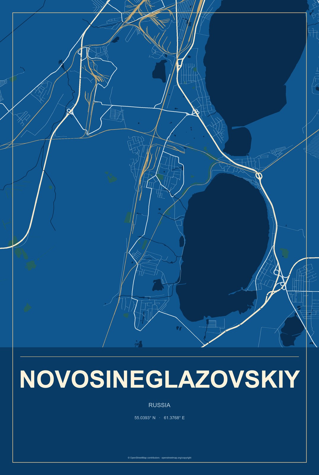 Novosineglazovskiy, Russia City Map Aluminum Sign in Harbor Cobalt style