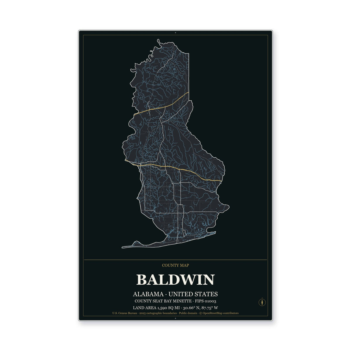 Baldwin County, Alabama Map Aluminum Sign in Metropolitan Noir style