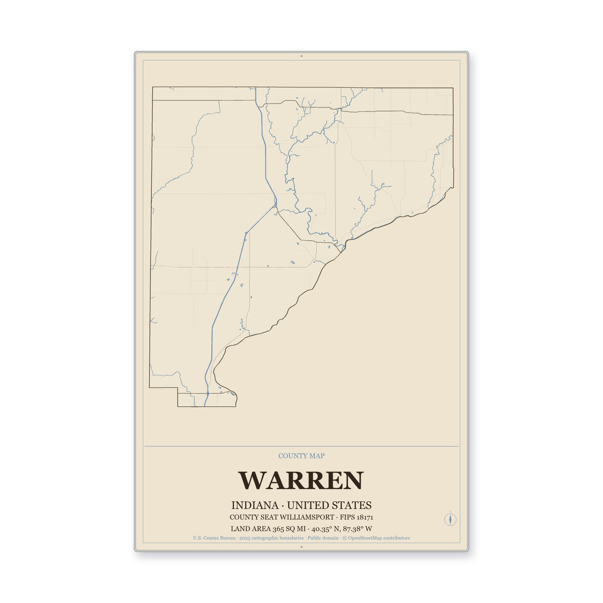 Warren County, Indiana Map Aluminum Sign in Heritage Nautical style