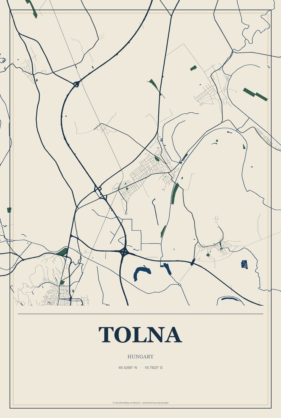 Tolna, Hungary City Map Aluminum Sign in Coastal Cutout style