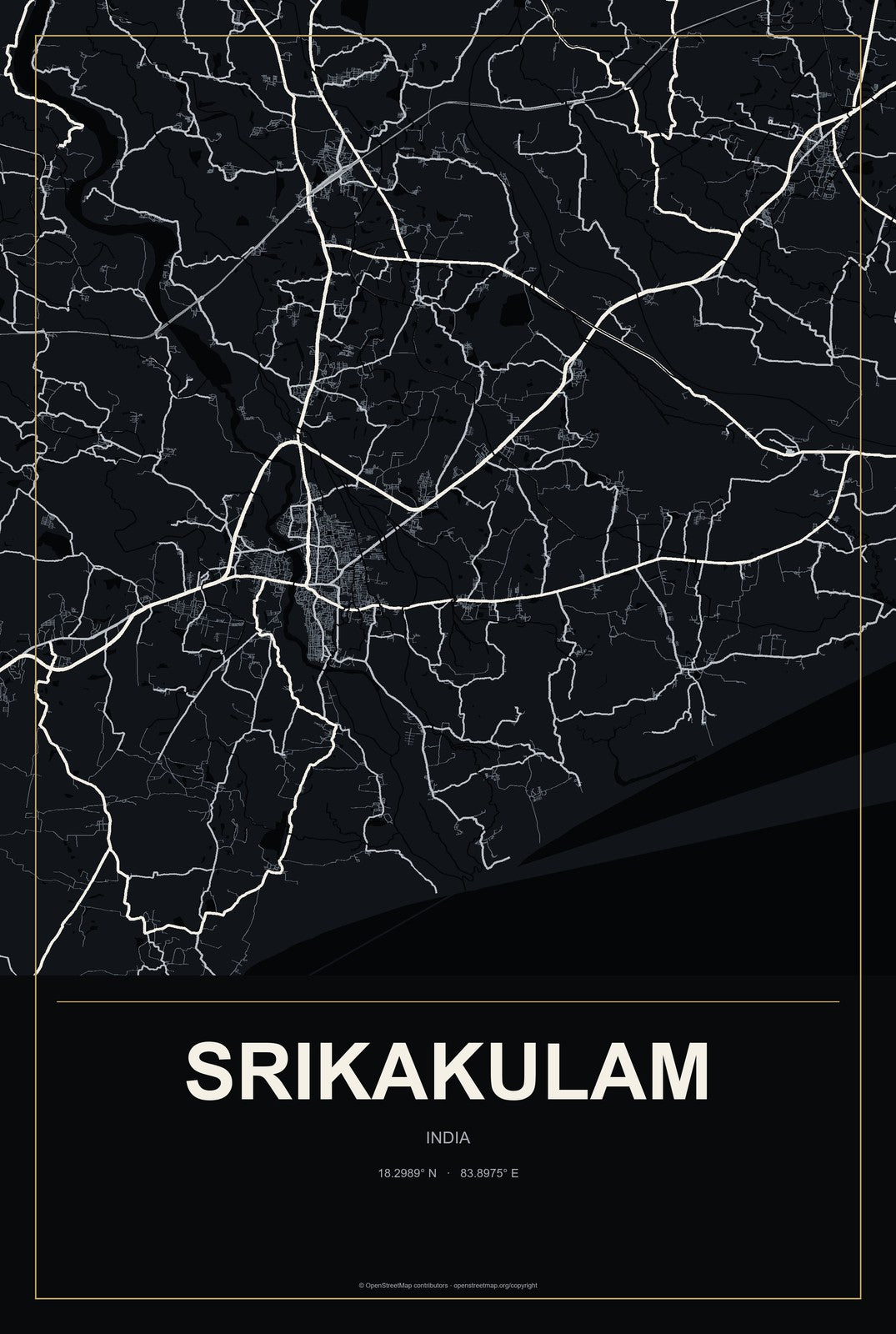 Srikakulam, India City Map Aluminum Sign in Metropolitan Noir style