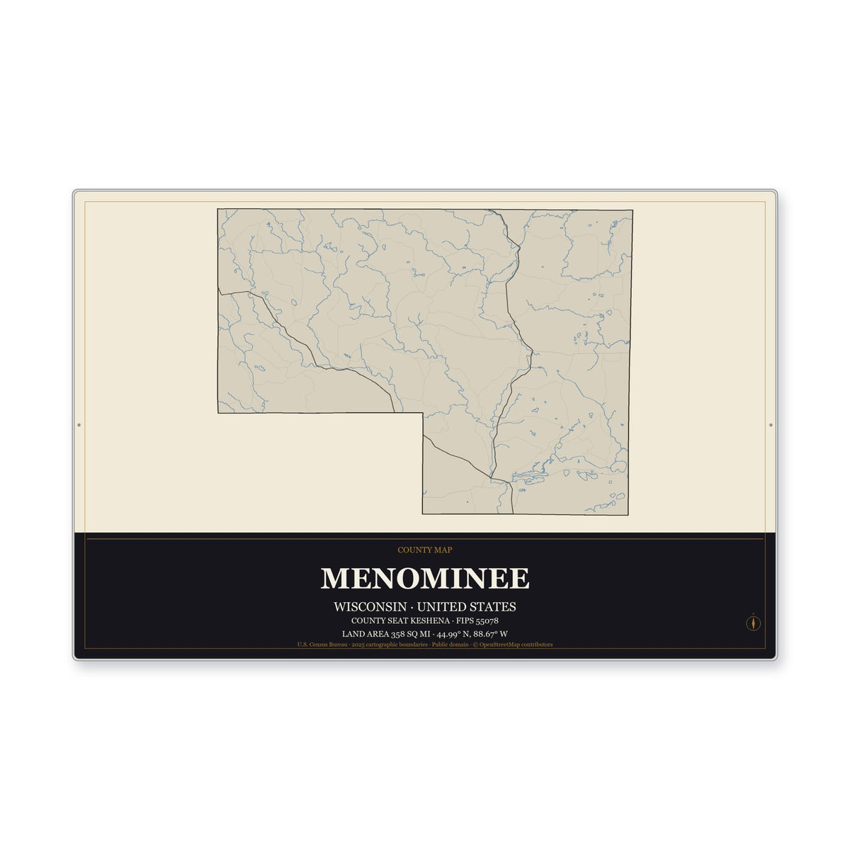 Menominee County, Wisconsin Map Aluminum Sign in Museum Plaque style