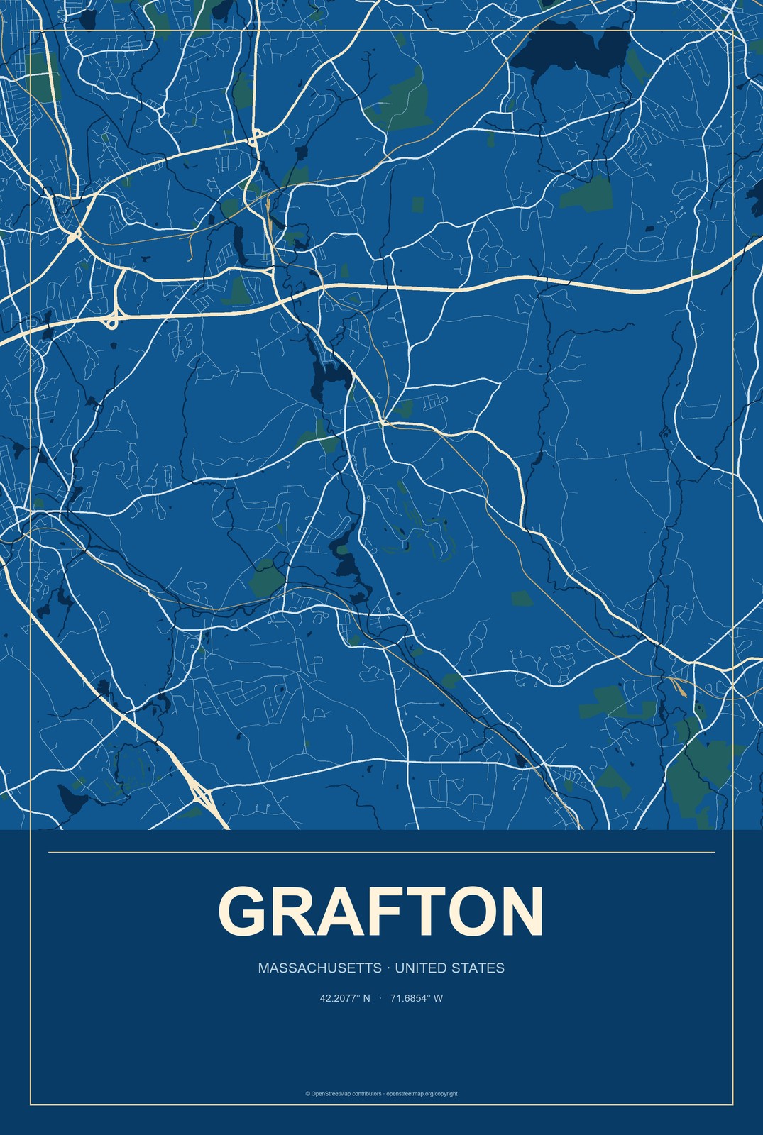 Grafton, Massachusetts City Map Aluminum Sign in Harbor Cobalt style