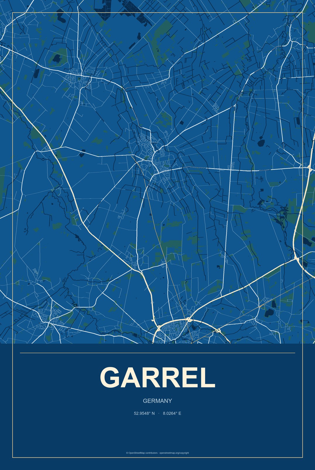 Garrel, Germany City Map Aluminum Sign in Harbor Cobalt style