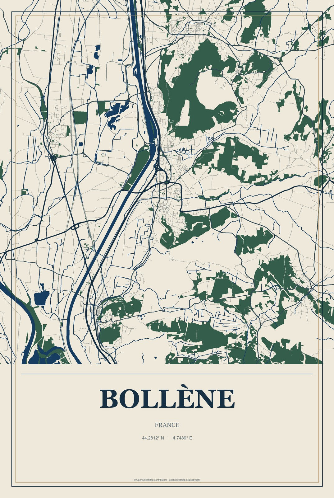 Bollène, France City Map Aluminum Sign in Coastal Cutout style