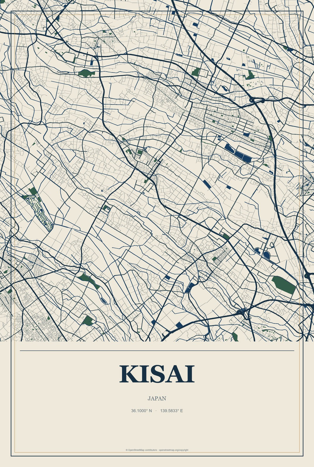 Kisai, Japan City Map Aluminum Sign in Coastal Cutout style