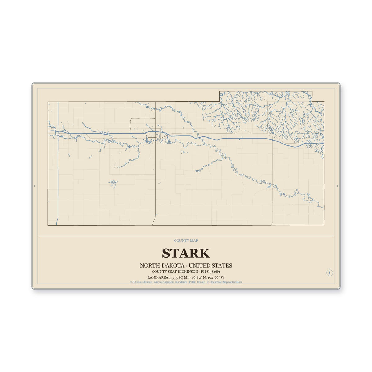 Stark County, North Dakota Map Aluminum Sign in Heritage Nautical style