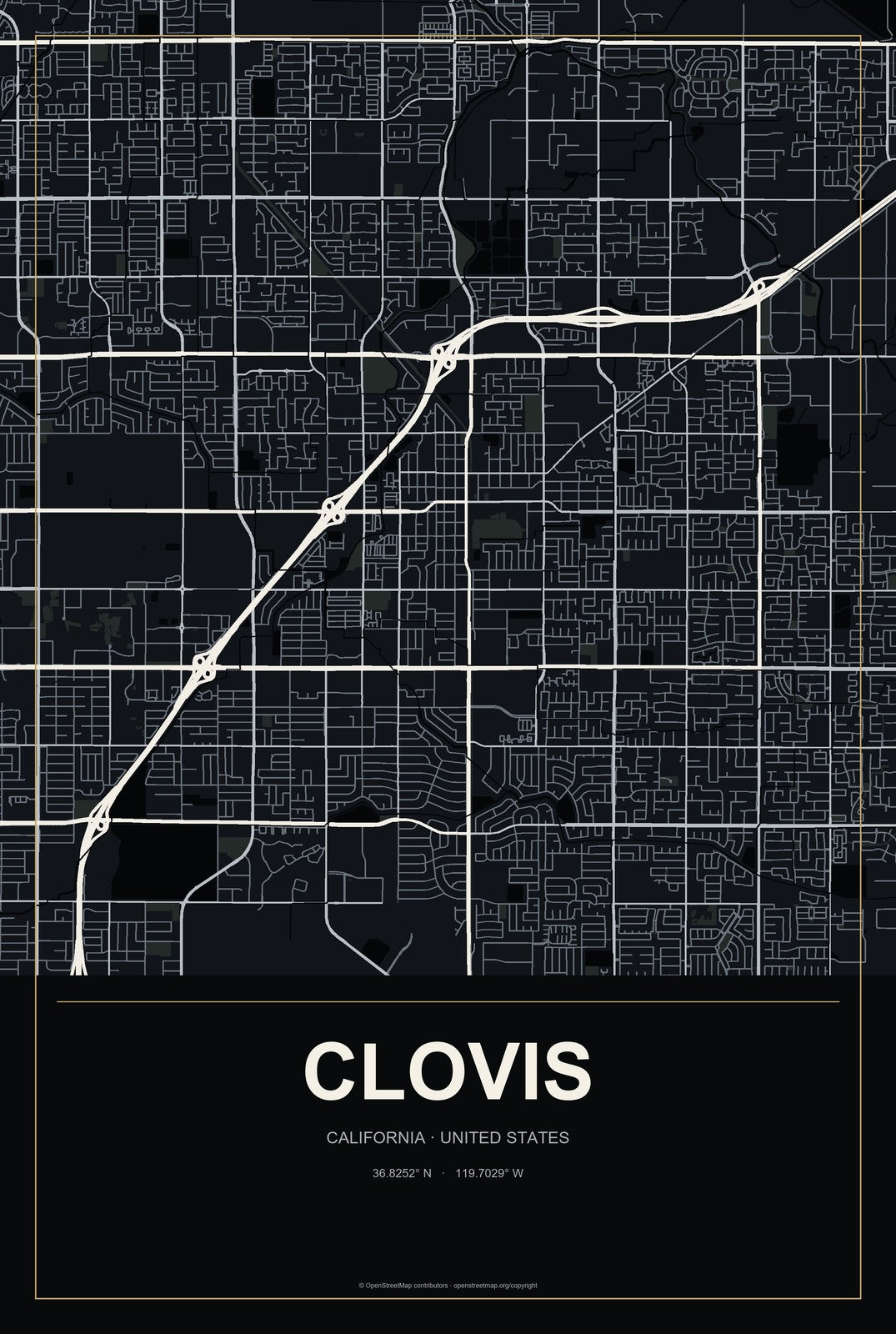 Clovis, California City Map Aluminum Sign in Metropolitan Noir style