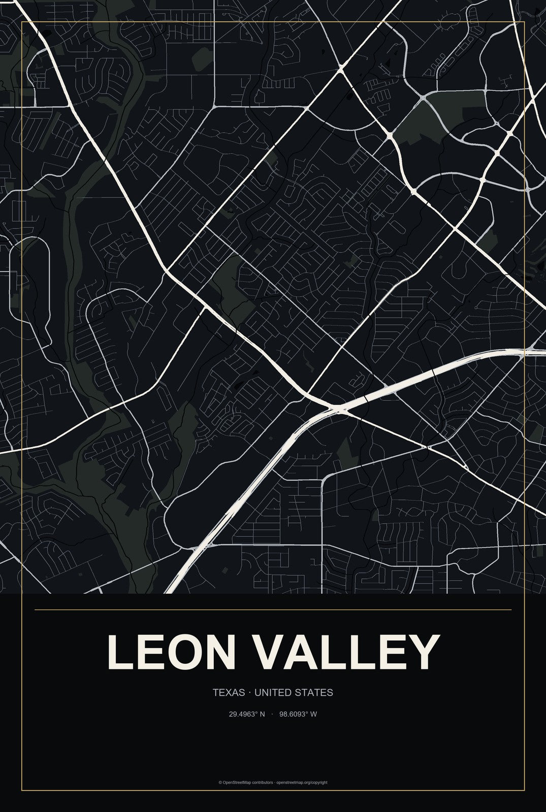 Leon Valley, Texas City Map Aluminum Sign in Metropolitan Noir style