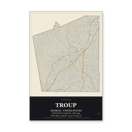 Troup County, Georgia Map Aluminum Sign in Museum Plaque style