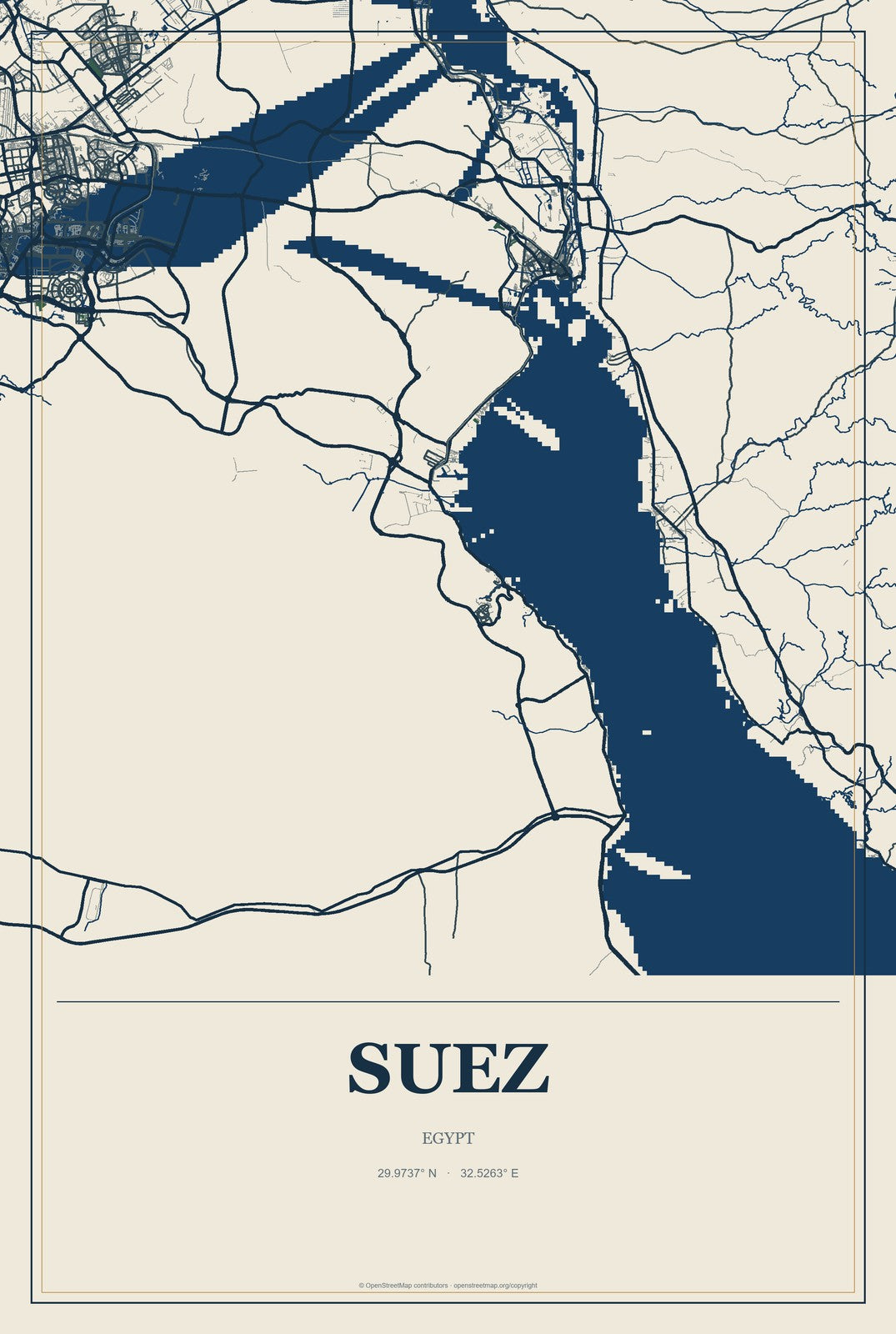 Suez, Egypt City Map Aluminum Sign in Coastal Cutout style