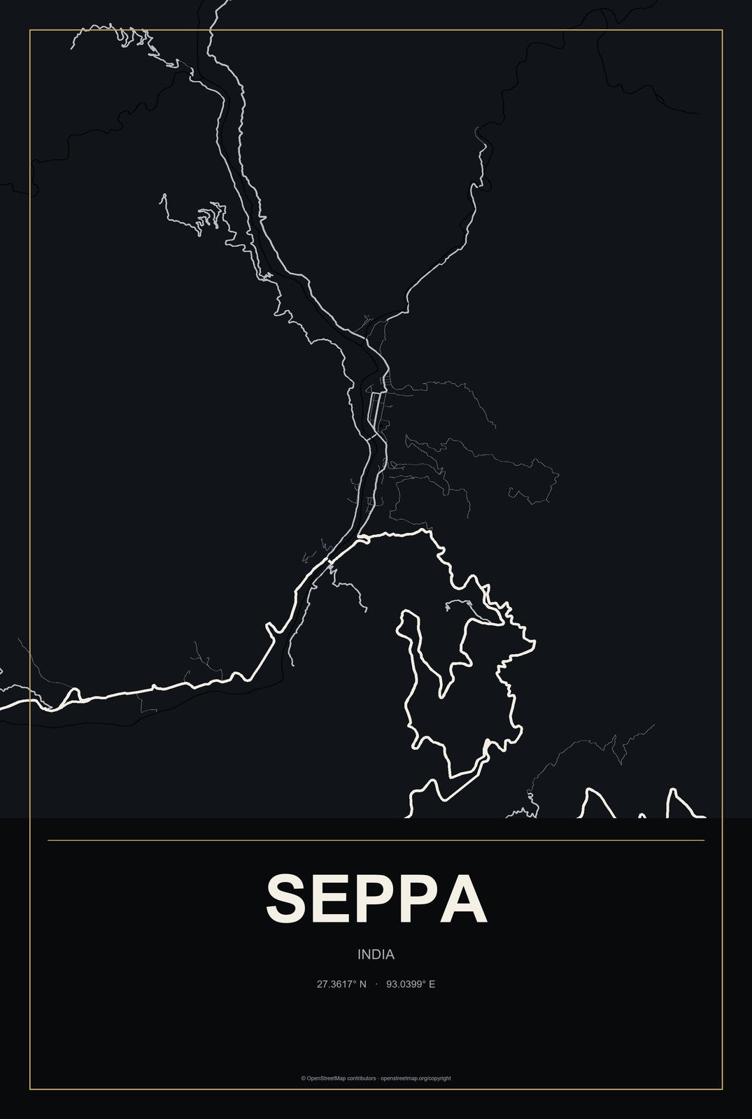 Seppa, India City Map Aluminum Sign in Metropolitan Noir style