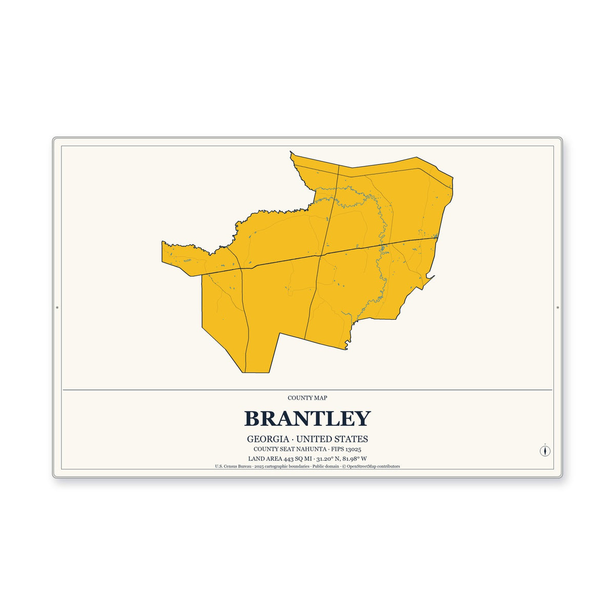Brantley County, Georgia Map Aluminum Sign in Citrine Modern style