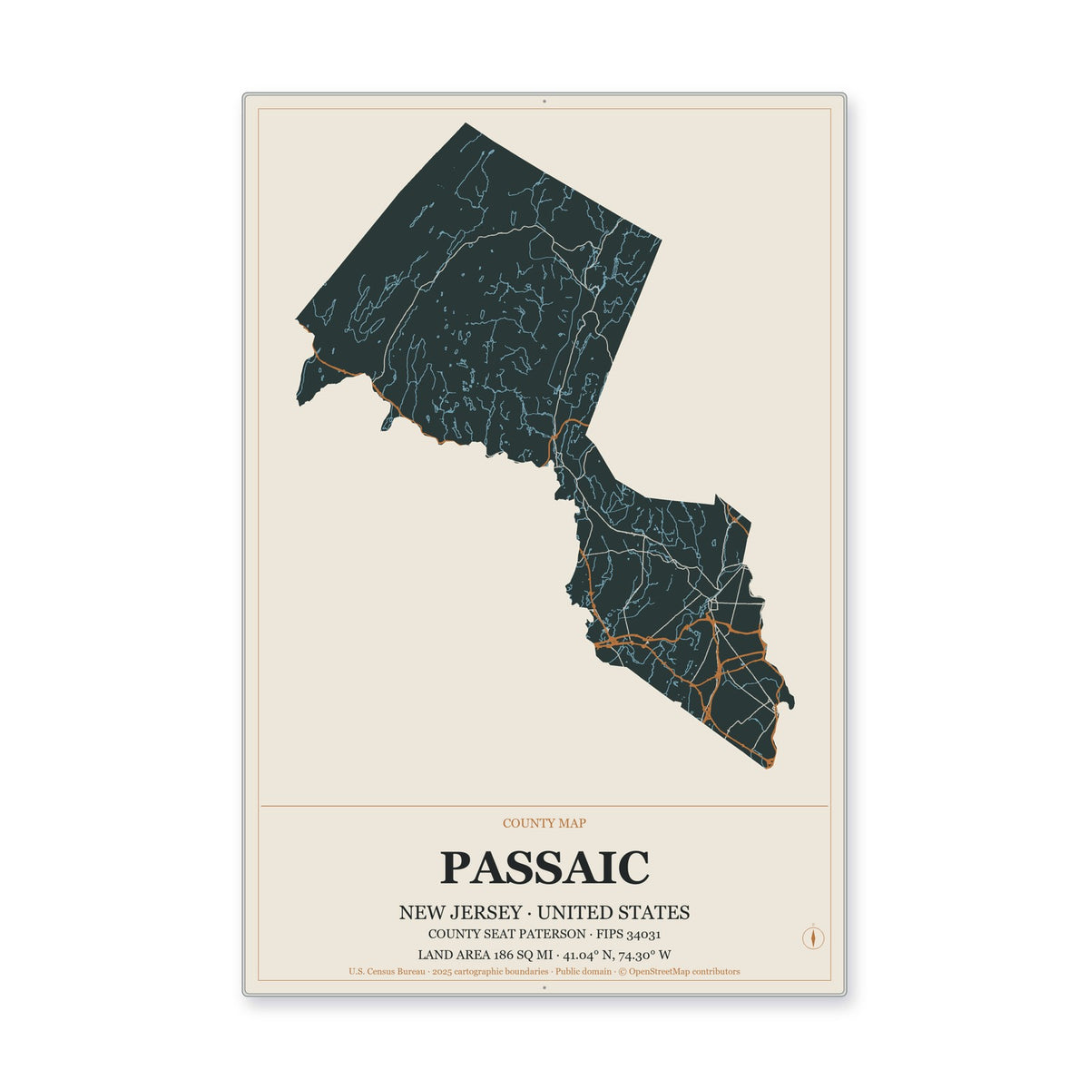 Passaic County, New Jersey Map Aluminum Sign in Headline Atlas style