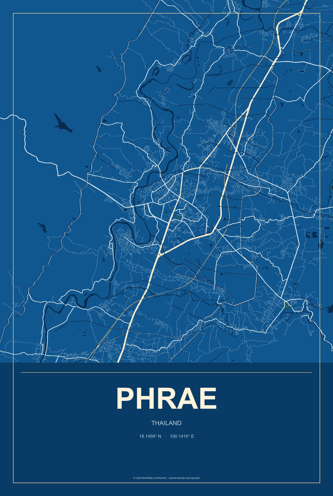 Phrae, Thailand City Map Aluminum Sign in Harbor Cobalt style