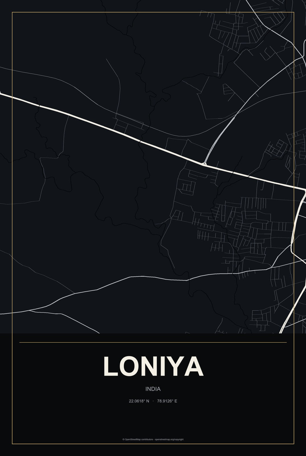 Loniya, India City Map Aluminum Sign in Metropolitan Noir style