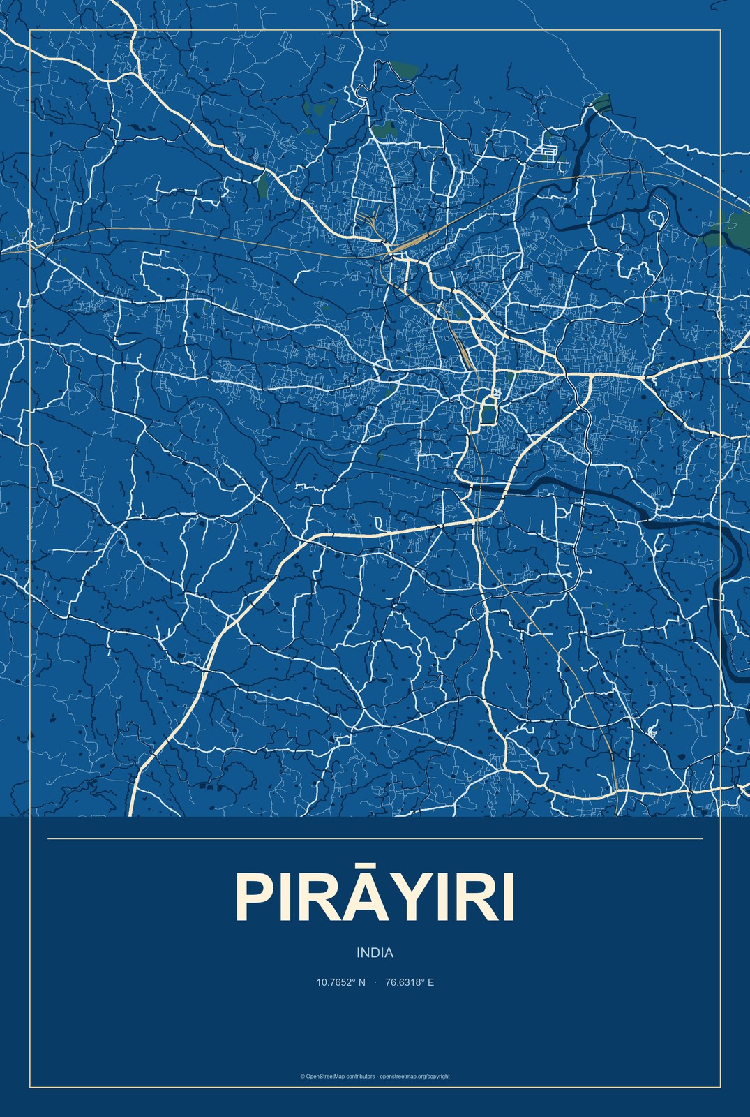 Pirāyiri, India City Map Aluminum Sign in Harbor Cobalt style