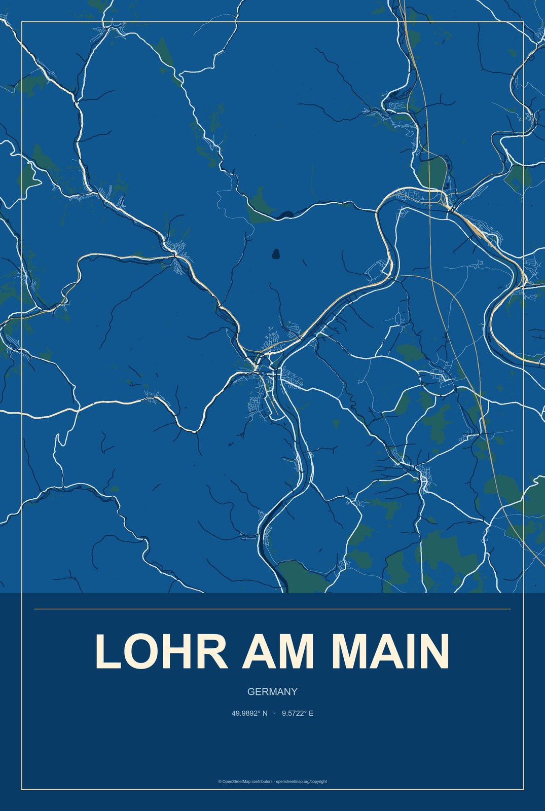 Lohr am Main, Germany City Map Aluminum Sign in Harbor Cobalt style