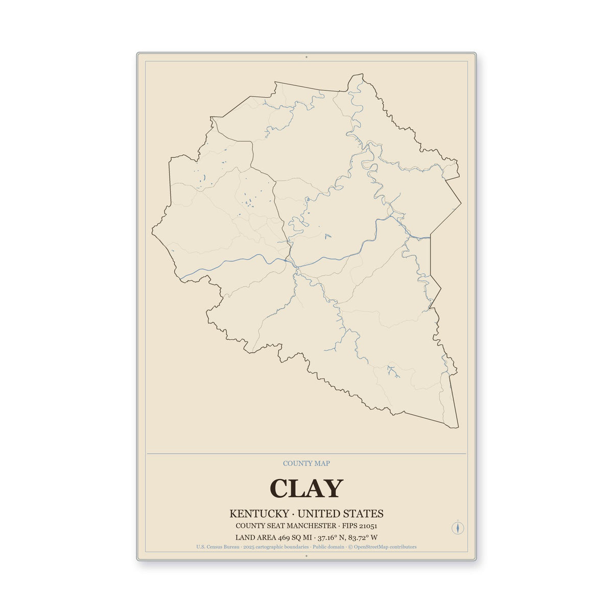 Clay County, Kentucky Map Aluminum Sign in Heritage Nautical style
