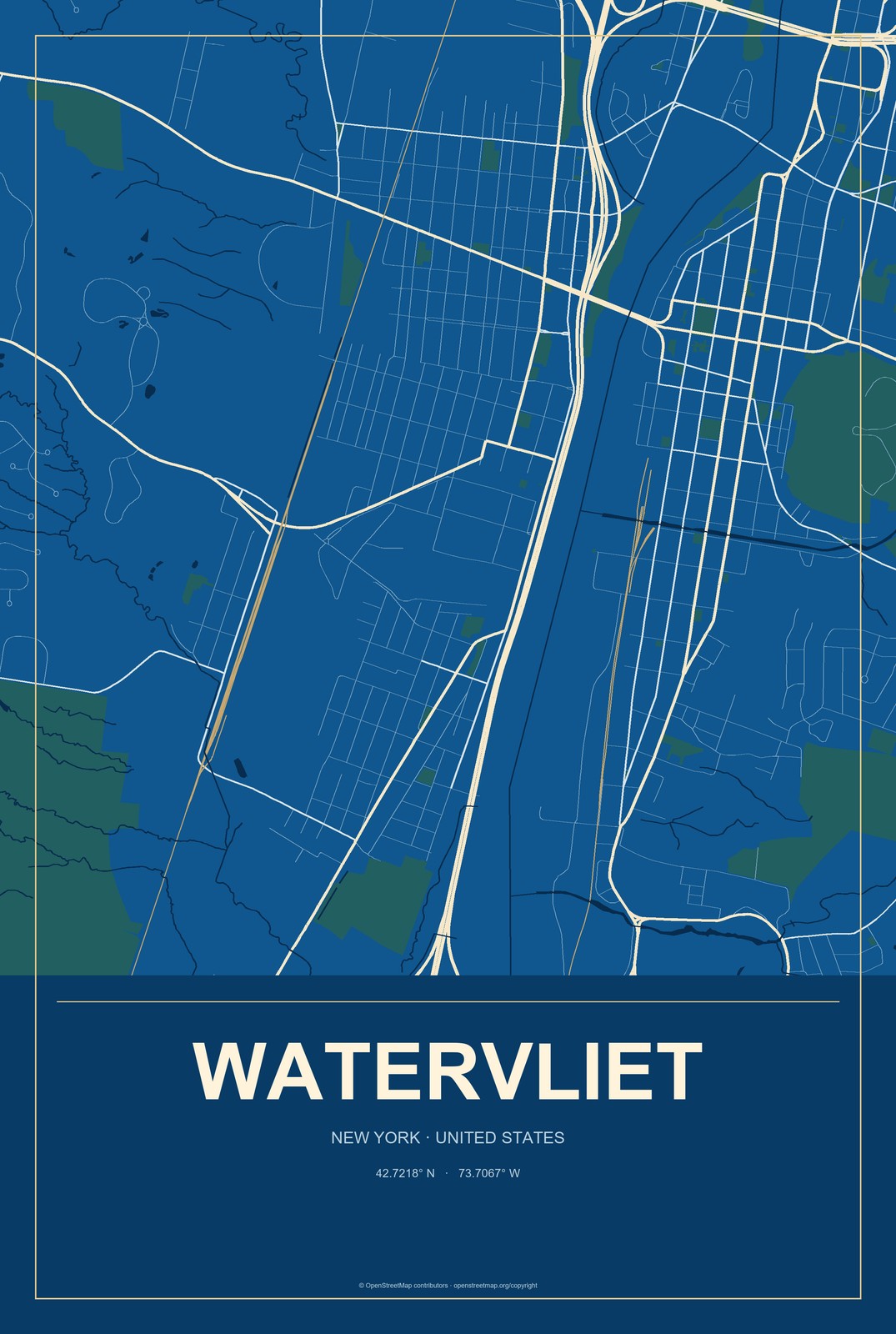 Watervliet, New York City Map Aluminum Sign in Harbor Cobalt style