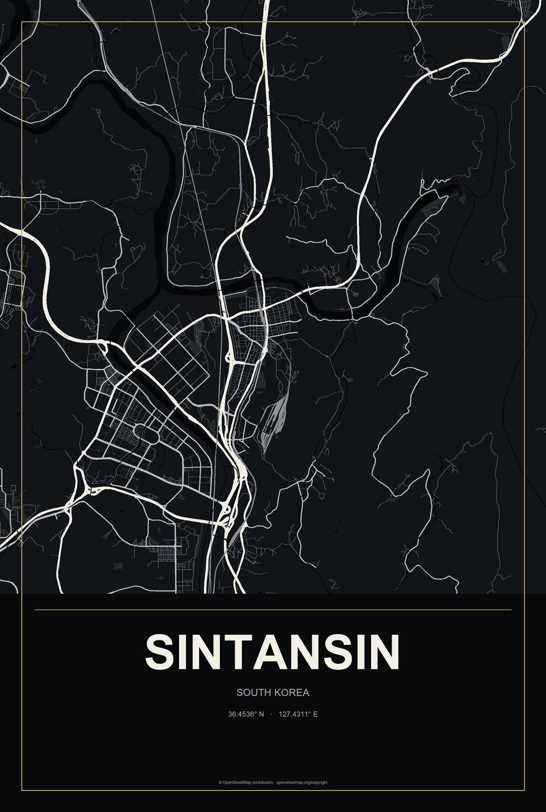 Sintansin, South Korea City Map Aluminum Sign in Metropolitan Noir style