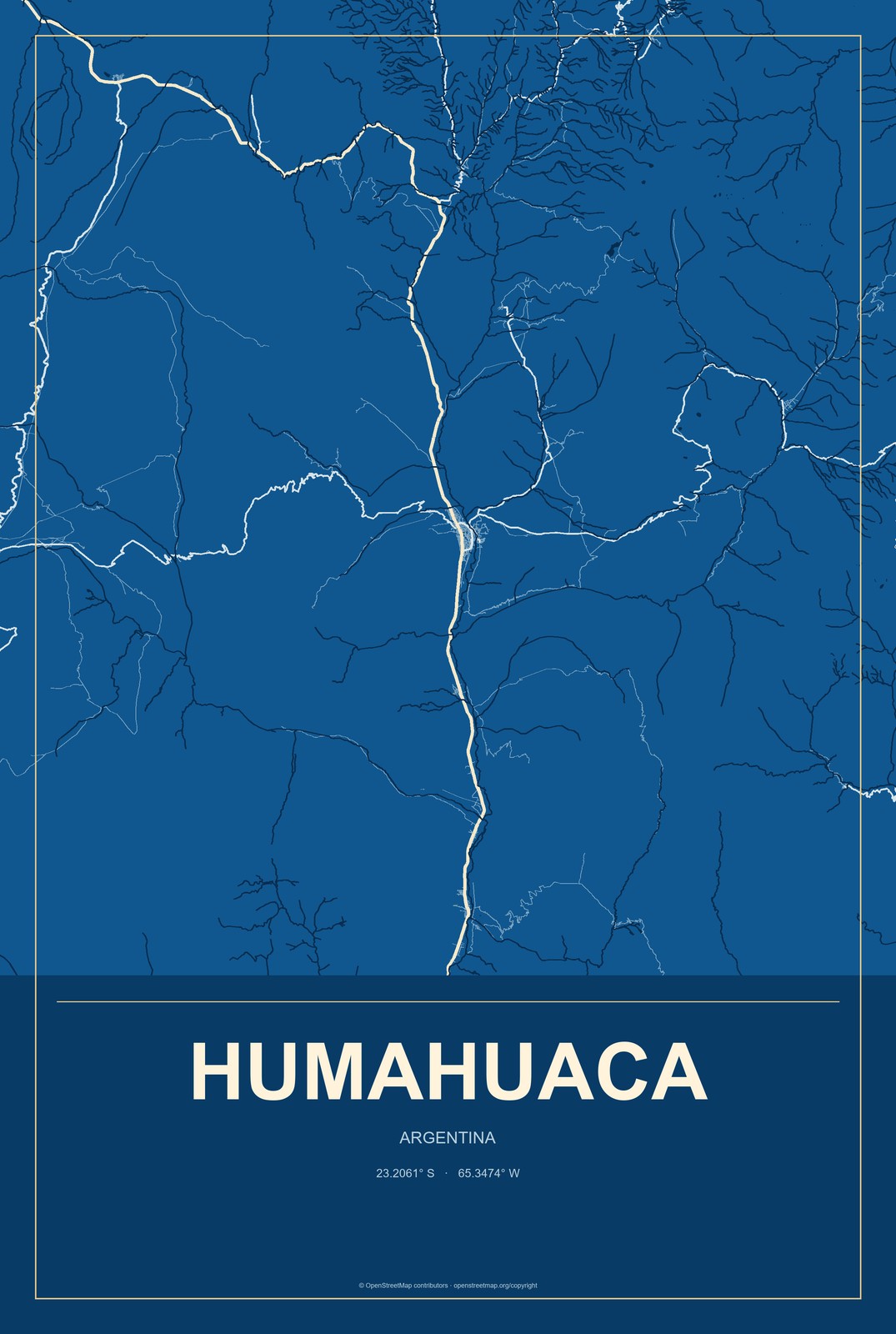 Humahuaca, Argentina City Map Aluminum Sign in Harbor Cobalt style