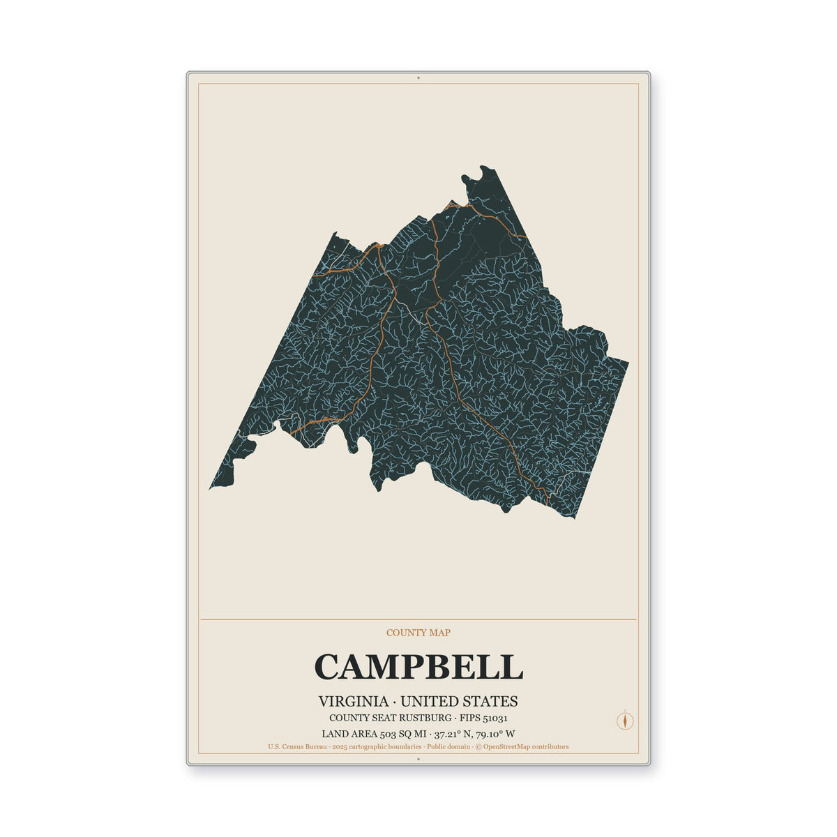 Campbell County, Virginia Map Aluminum Sign in Headline Atlas style