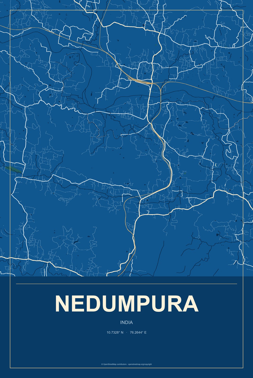 Nedumpura, India City Map Aluminum Sign in Harbor Cobalt style