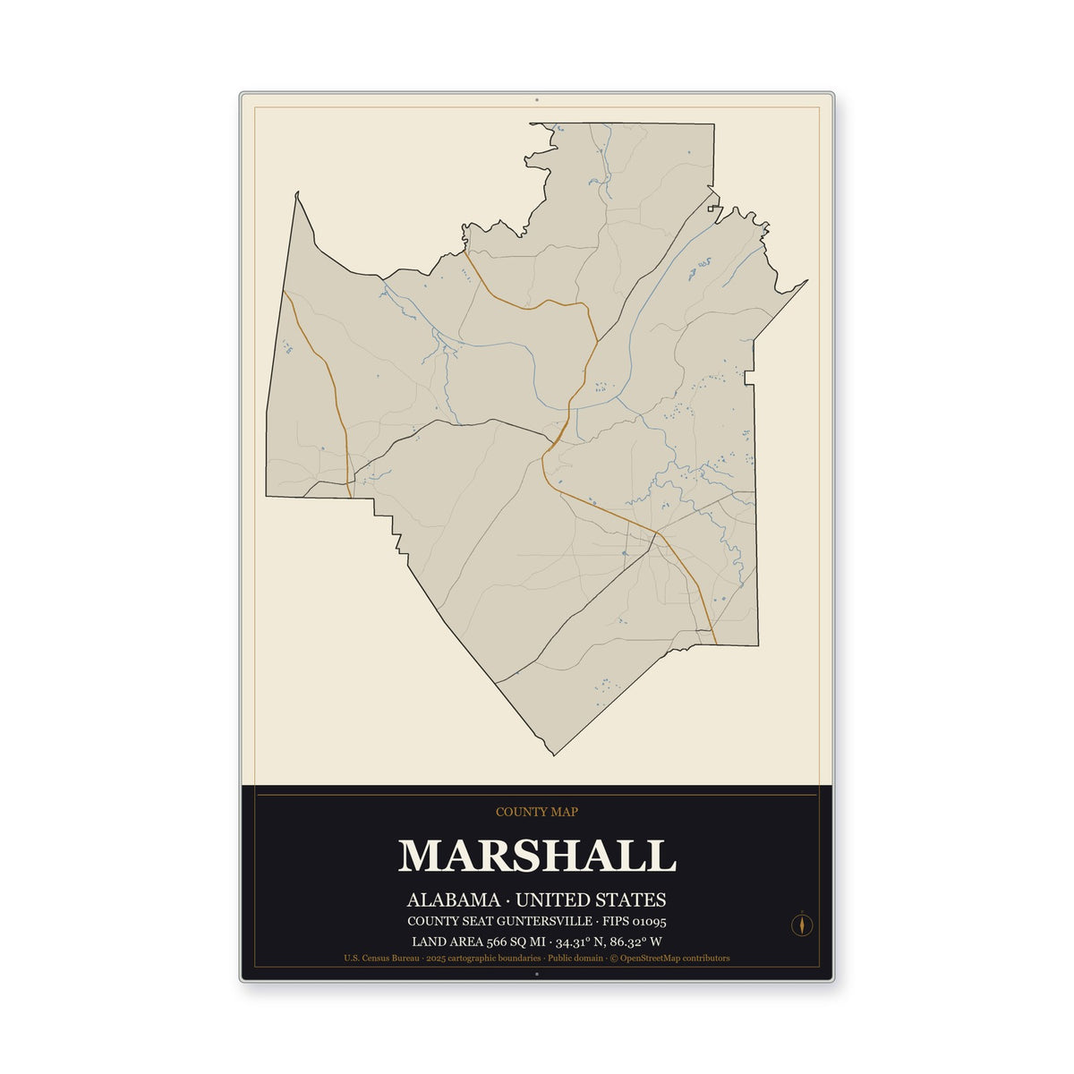 Marshall County, Alabama Map Aluminum Sign in Museum Plaque style