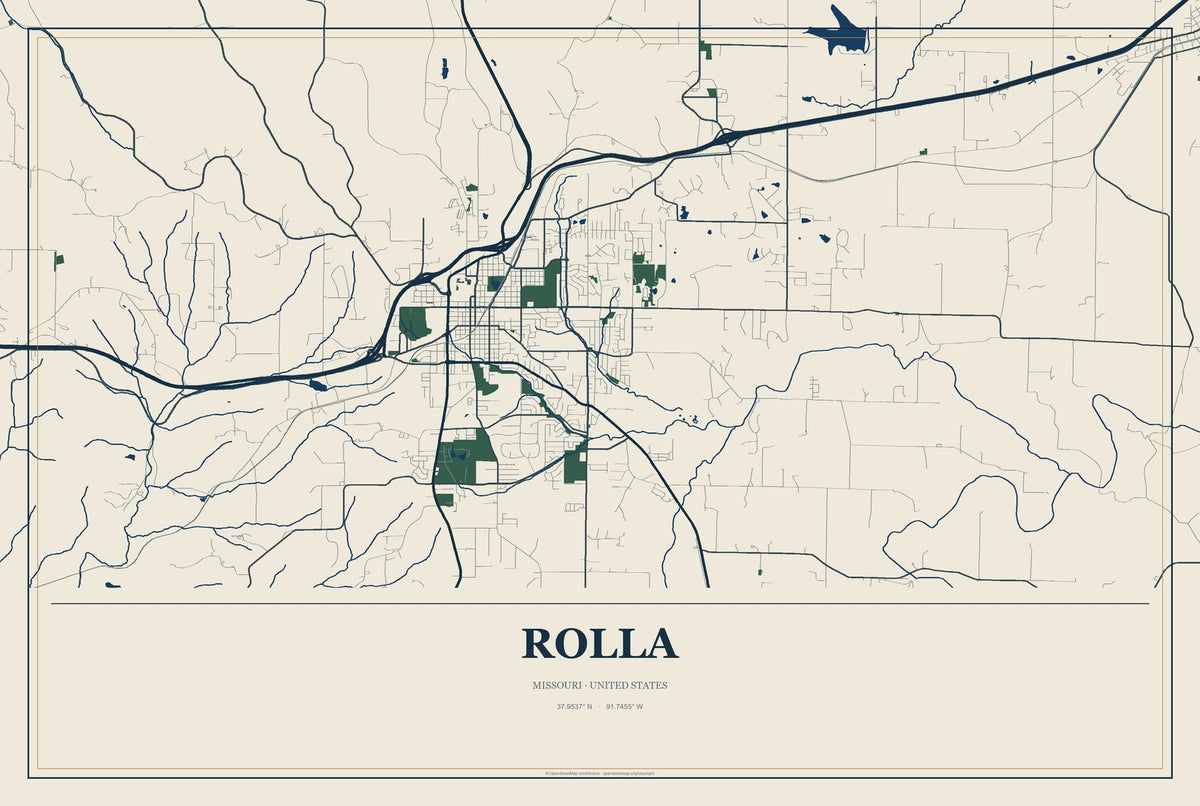 Rolla, Missouri City Map Aluminum Sign in Coastal Cutout style