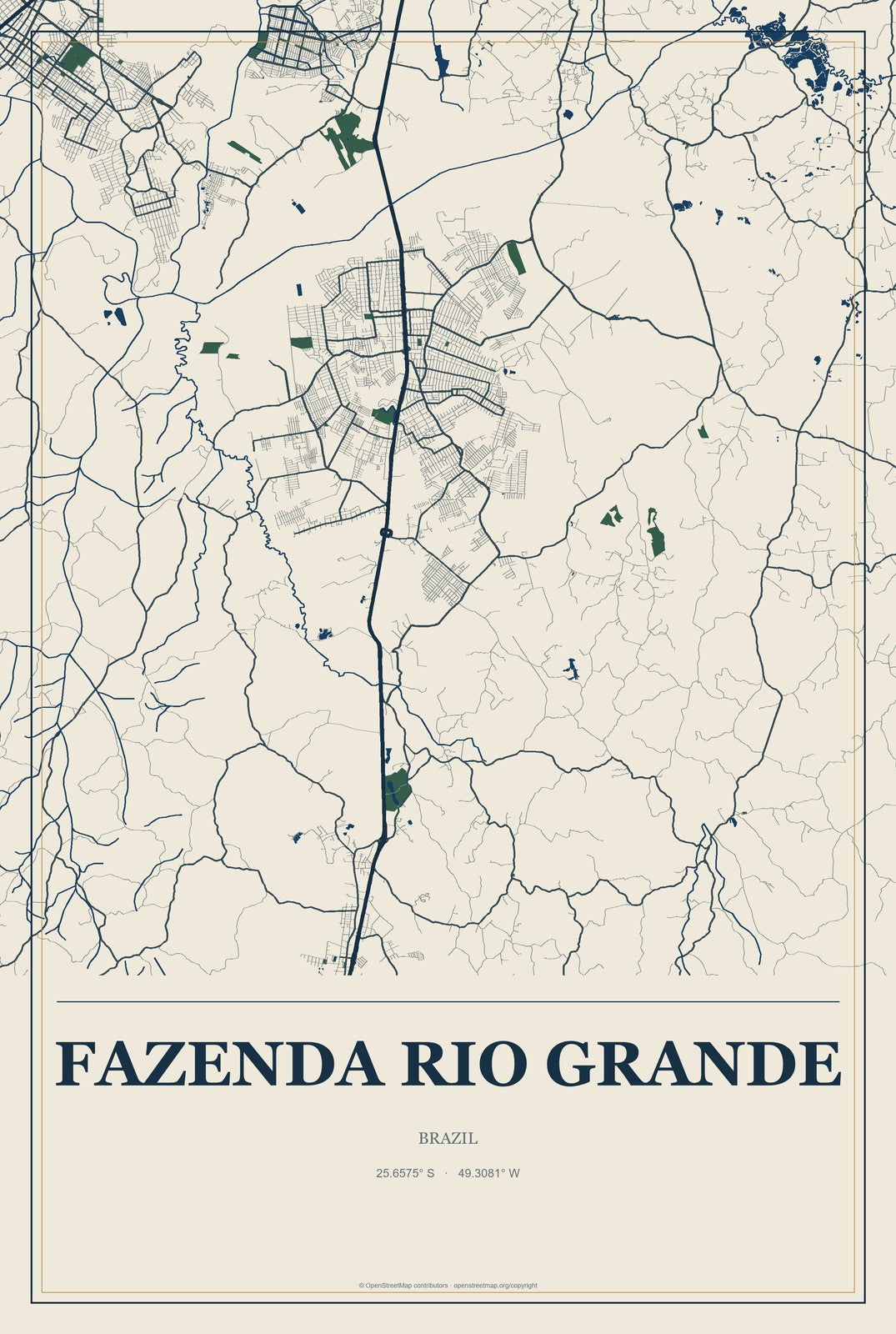 Fazenda Rio Grande, Brazil City Map Aluminum Sign in Coastal Cutout style