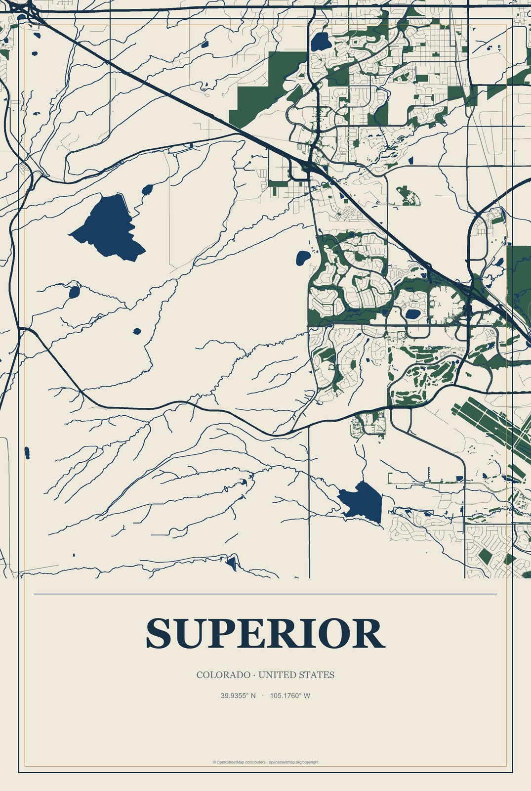 Superior, Colorado City Map Aluminum Sign in Coastal Cutout style