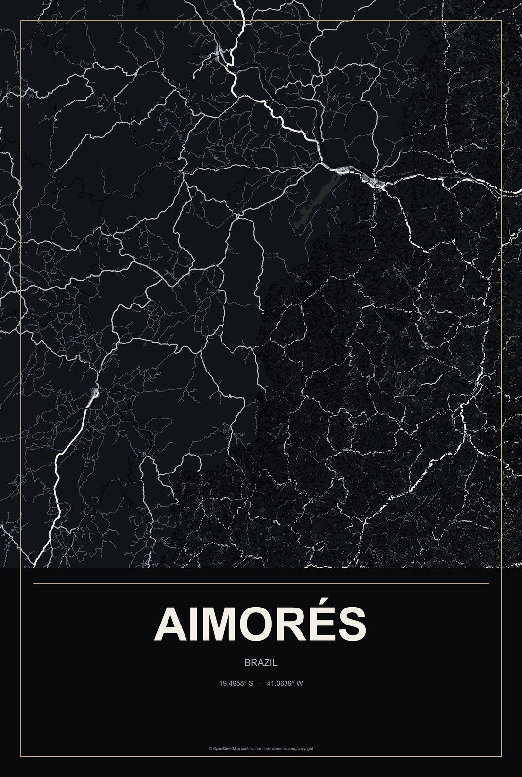 Aimorés, Brazil City Map Aluminum Sign in Metropolitan Noir style