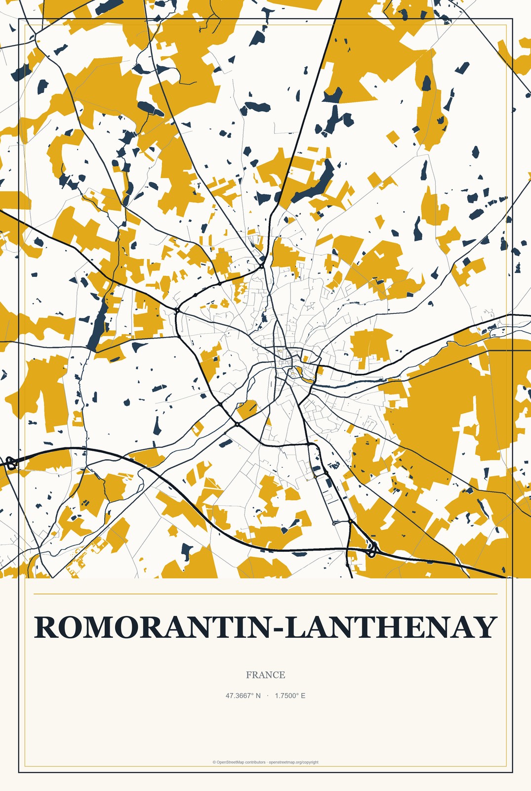 Romorantin-Lanthenay, France City Map Aluminum Sign in Citrine Modern style