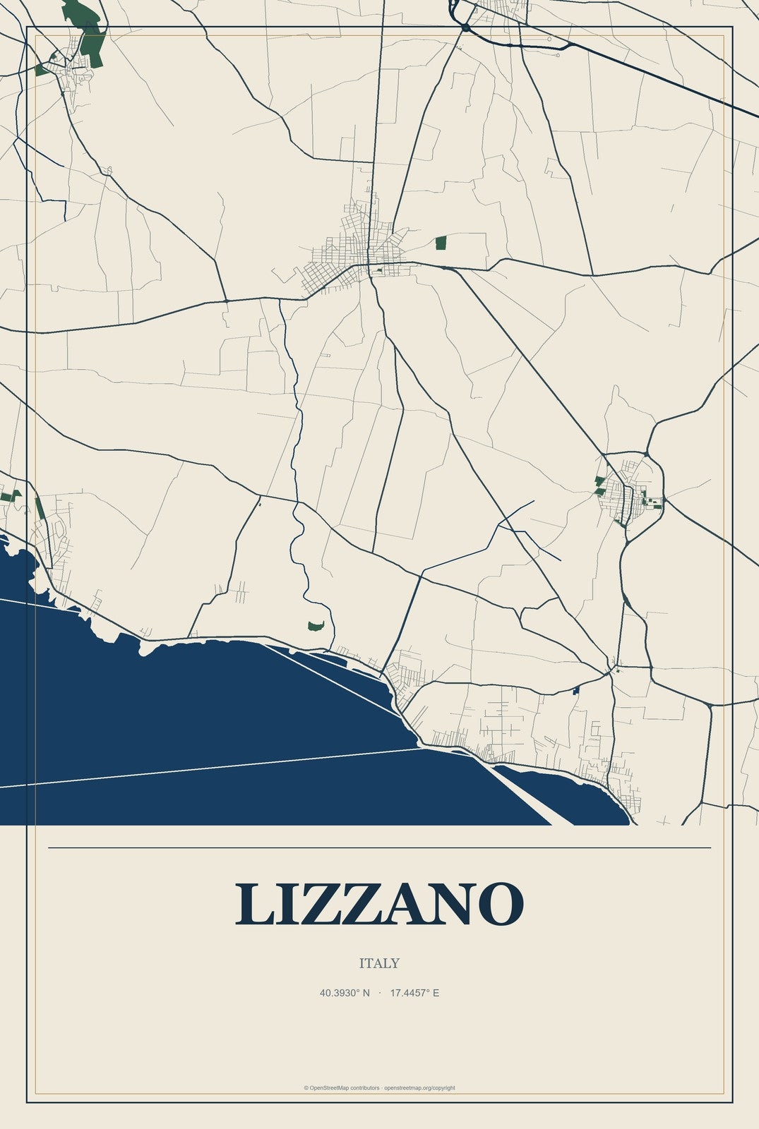 Lizzano, Italy City Map Aluminum Sign in Coastal Cutout style