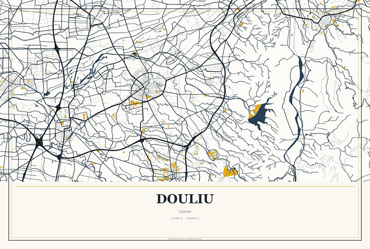 Douliu, Taiwan City Map Aluminum Sign in Citrine Modern style