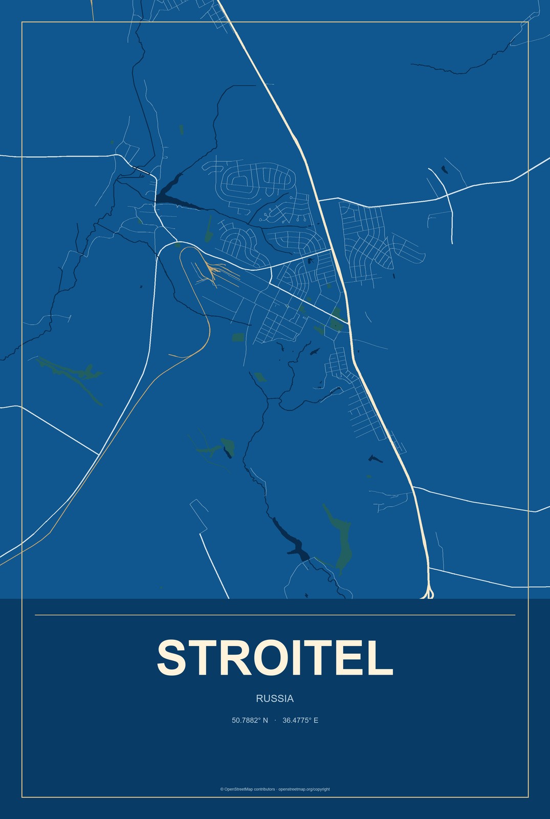 Stroitel, Russia City Map Aluminum Sign in Harbor Cobalt style
