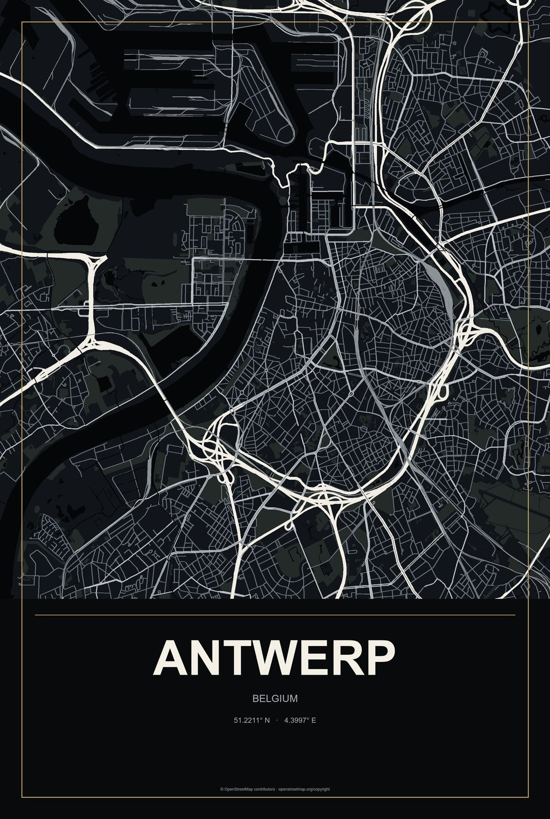 Antwerp, Belgium City Map Aluminum Sign in Metropolitan Noir style