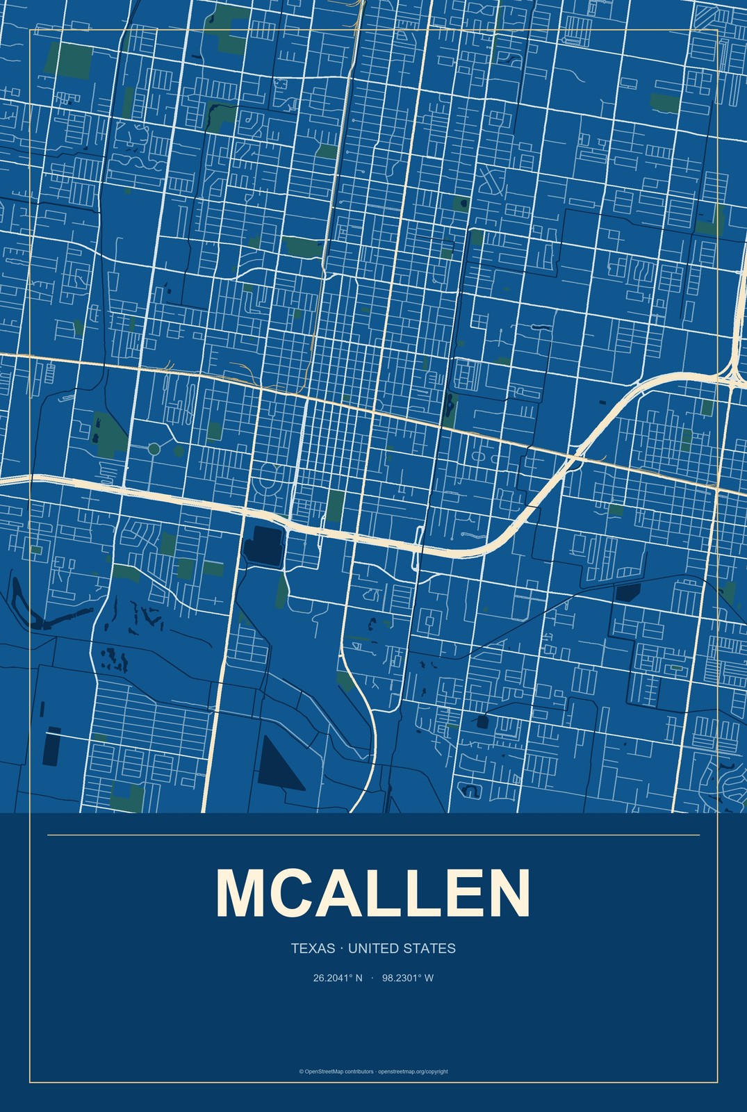McAllen, Texas City Map Aluminum Sign in Harbor Cobalt style