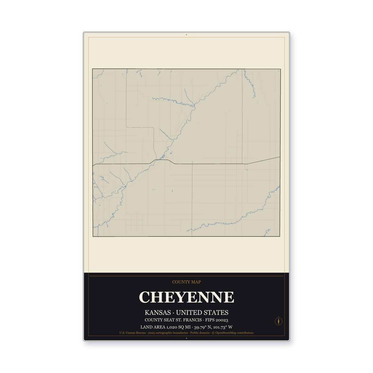 Cheyenne County, Kansas Map Aluminum Sign in Museum Plaque style