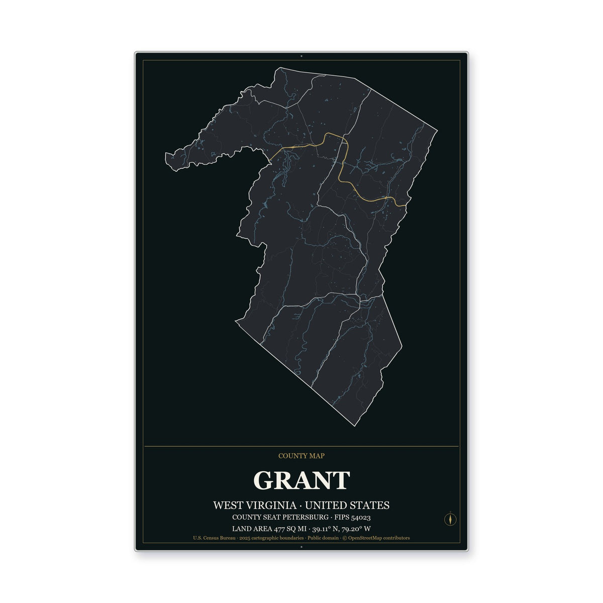 Grant County, West Virginia Map Aluminum Sign in Metropolitan Noir style