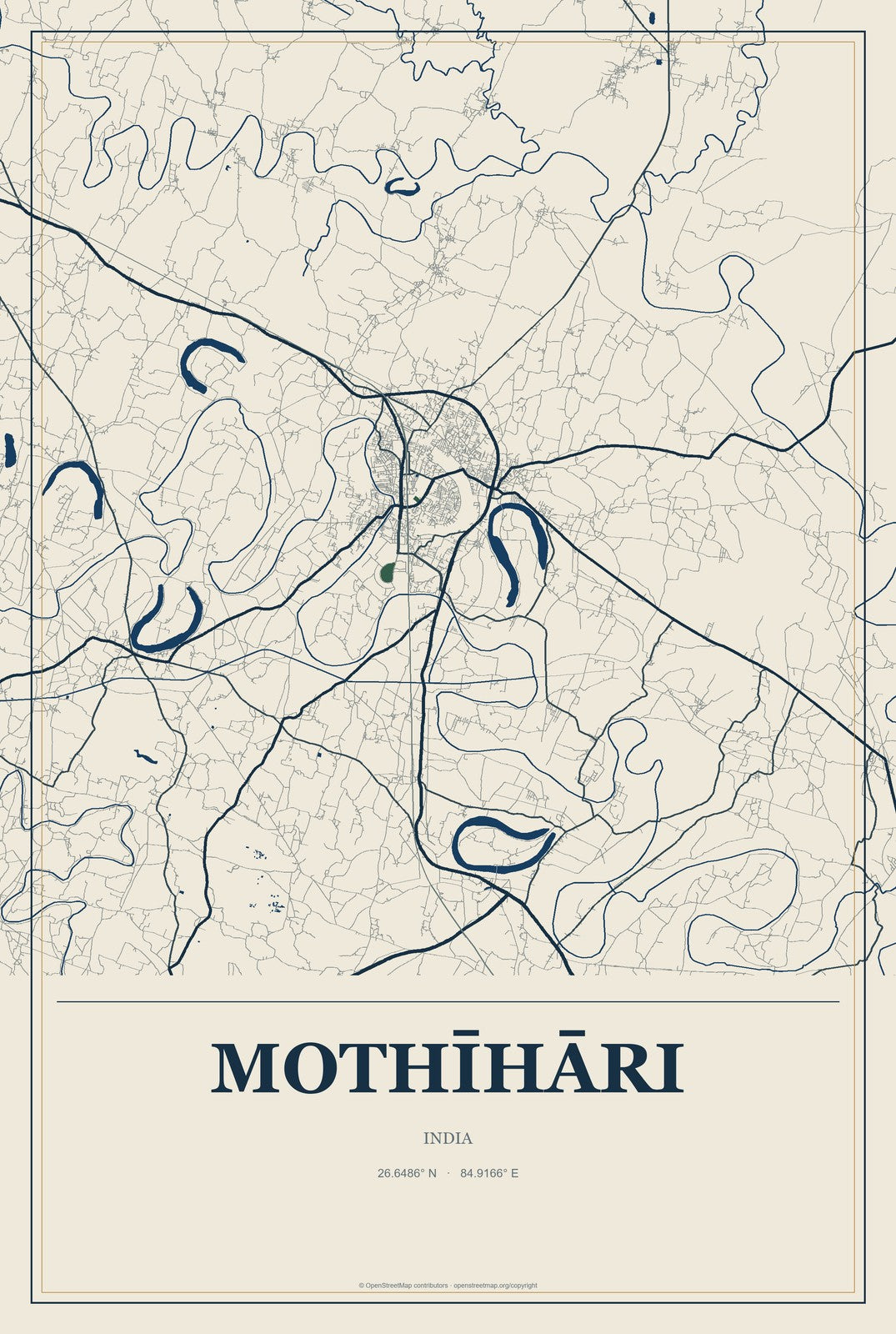Mothīhāri, India City Map Aluminum Sign in Coastal Cutout style