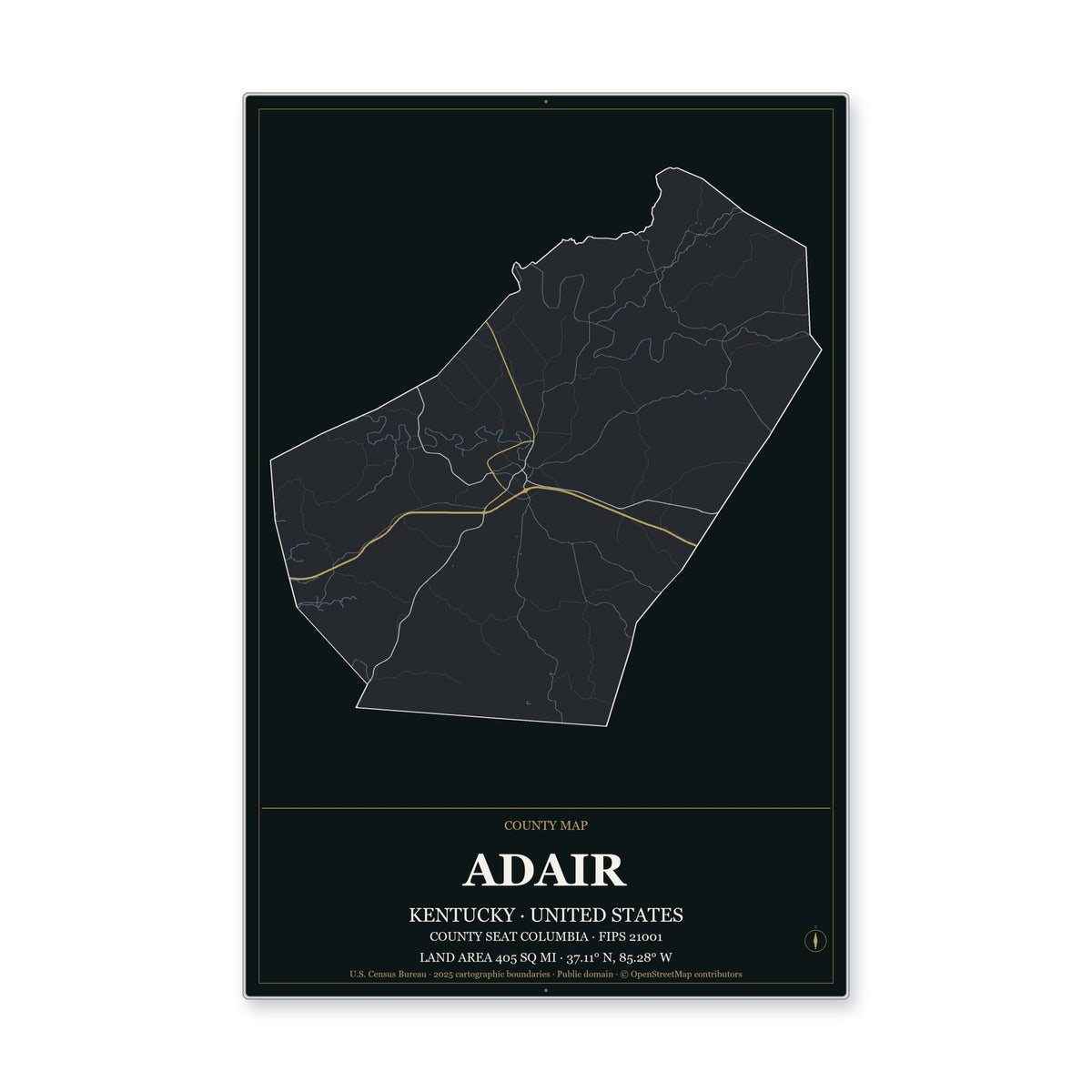 Adair County, Kentucky Map Aluminum Sign in Metropolitan Noir style