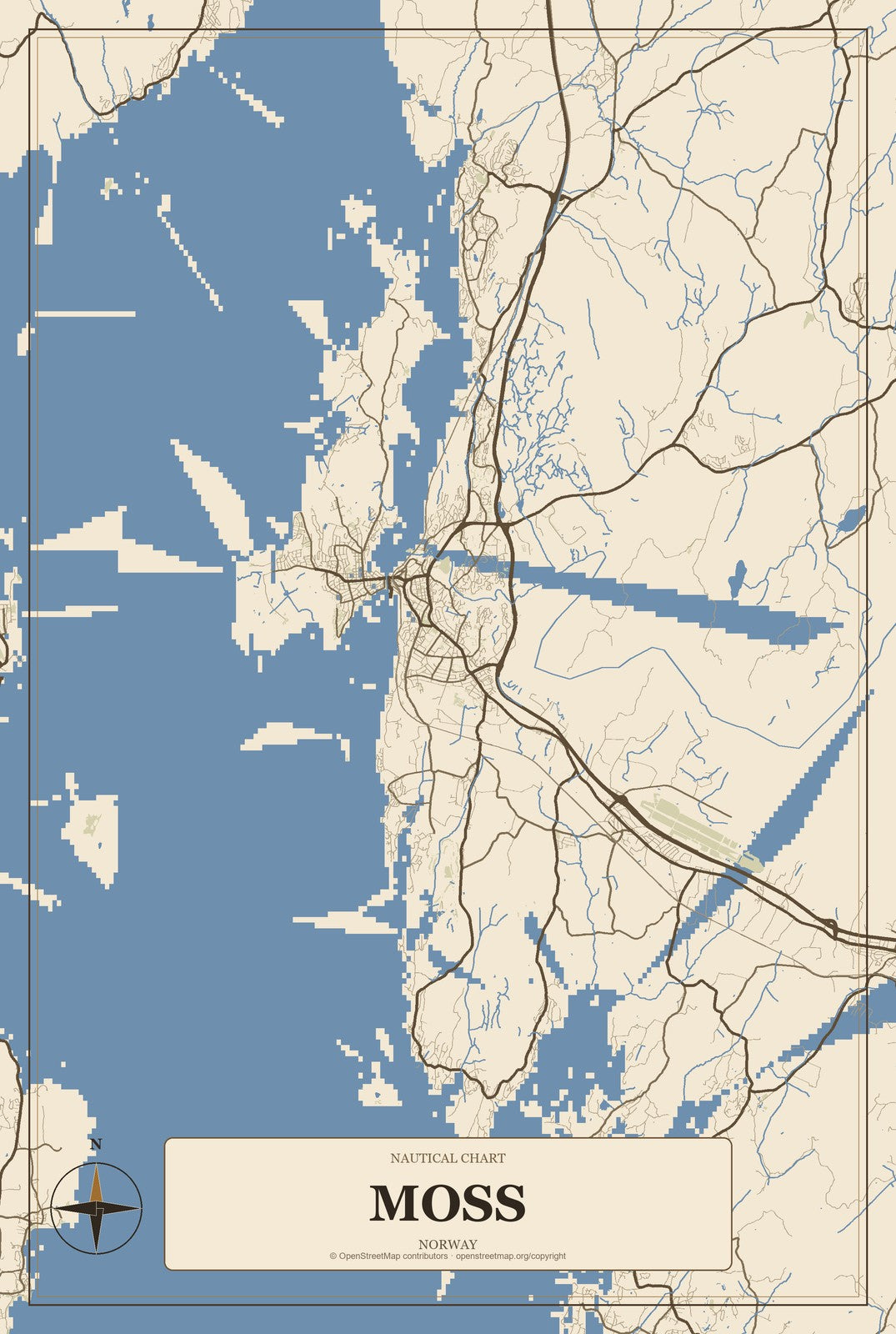 Moss, Norway City Map Aluminum Sign in Heritage Nautical style