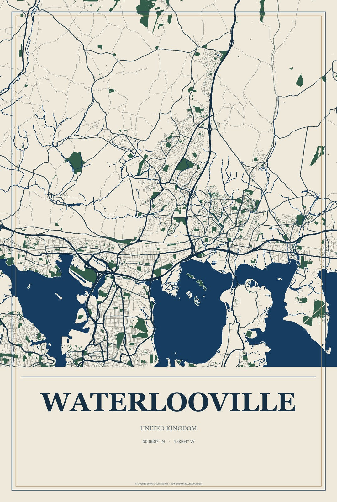 Waterlooville, United Kingdom City Map Aluminum Sign in Coastal Cutout style