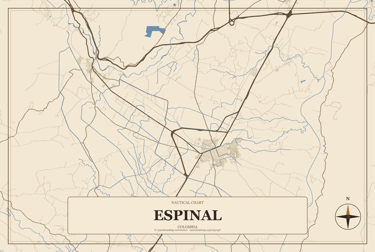 Espinal, Colombia City Map Aluminum Sign in Heritage Nautical style