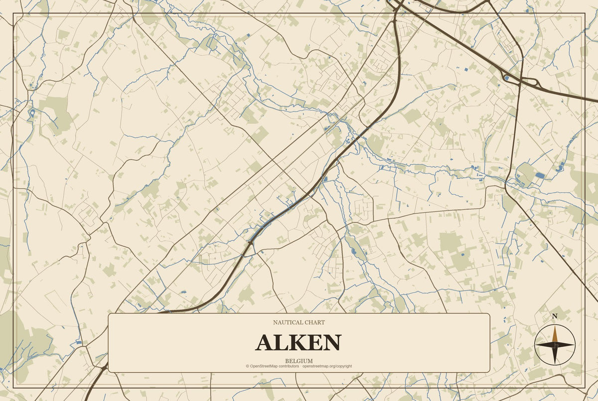 Alken, Belgium City Map Aluminum Sign in Heritage Nautical style