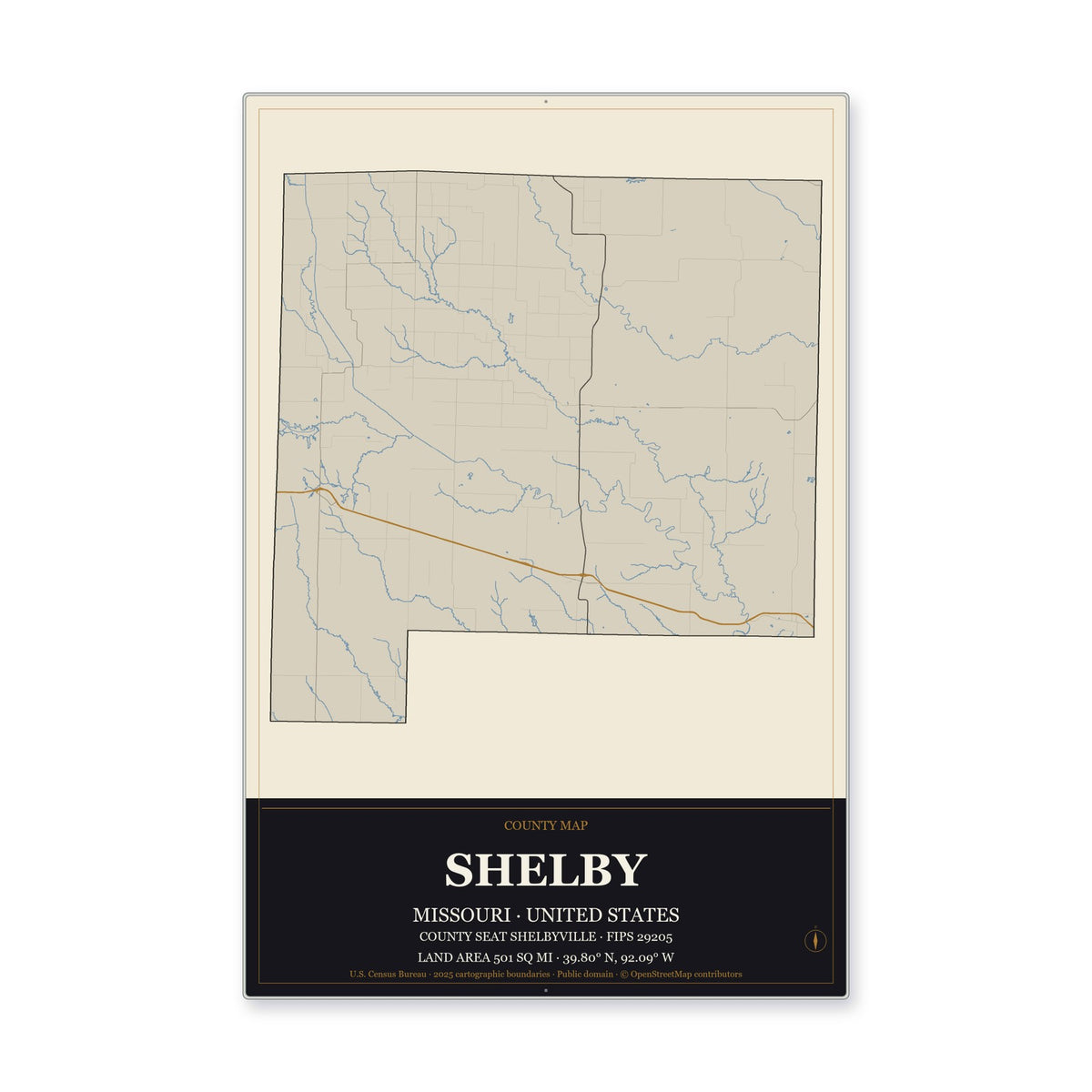 Shelby County, Missouri Map Aluminum Sign in Museum Plaque style